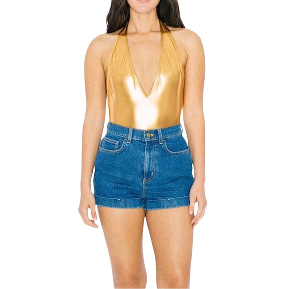 AMERICAN APPAREL Plunge Neck Backless Halter Leotard in Metallic Gold - Picture 9 of 10